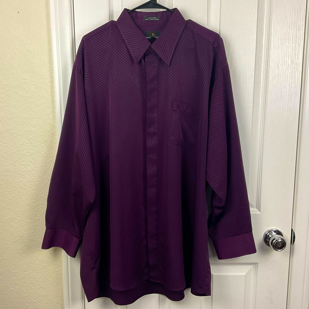 Pre-Owned Stacy Adams Men Purple Striped Button Up Long Sleeve Collar Shirt, XXL
